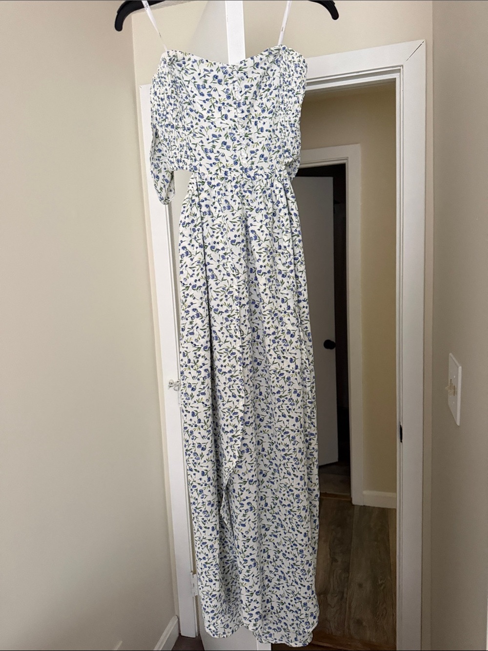 Smocked Floral Maxi Dress in Cream and Blue
